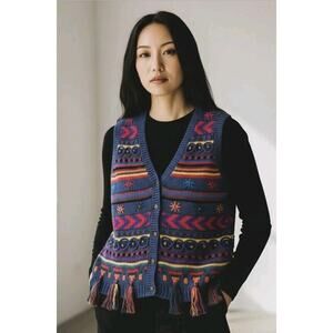 90s 3D Chunky Knit Sweater Vest Multicolor Button Down Tassel Detail | M Teacher